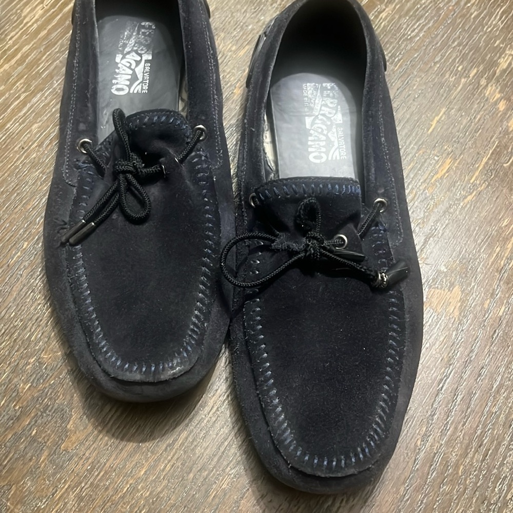 Ferragamo navy blue loafers warn condition